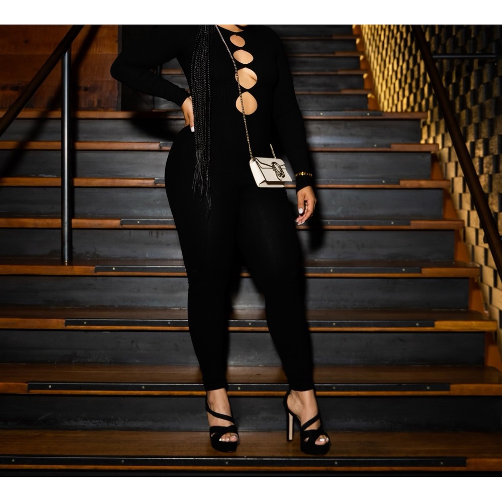 Black snatched material jumpsuit